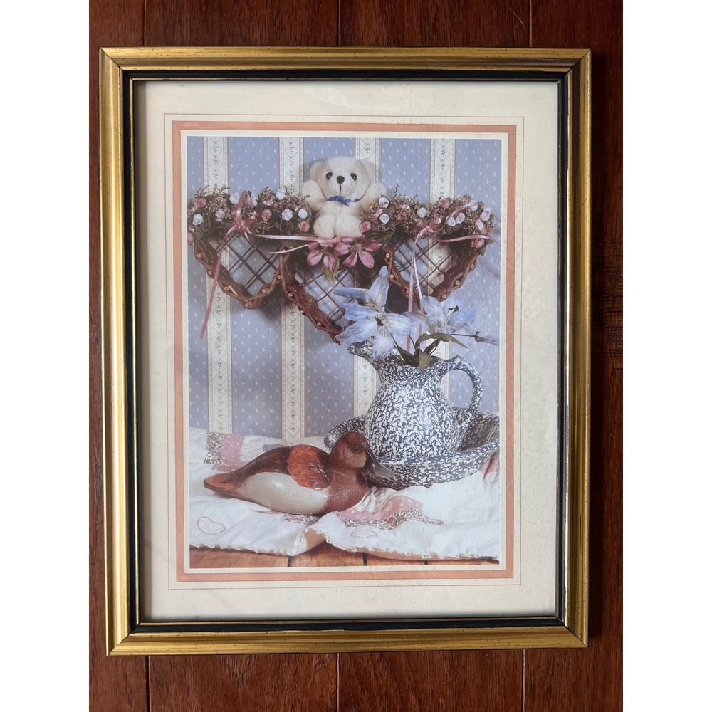 Vintage Country Still Life Framed Art Teddy Bear Duck Heart Gold Frame 12x15